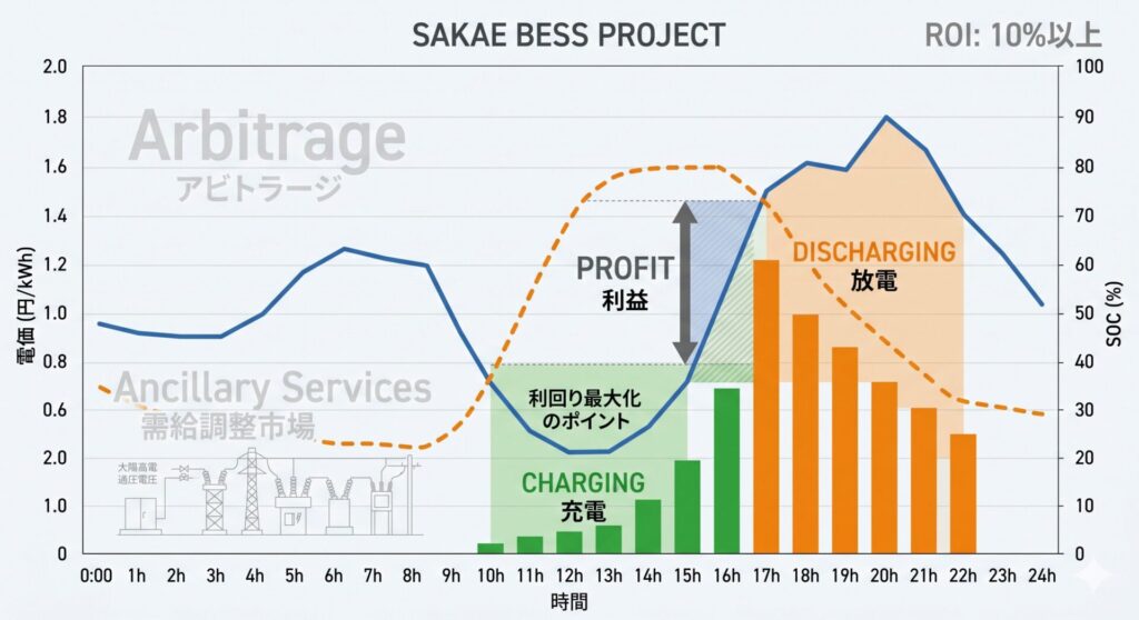 電気の市場価格と充電・放電のタイミングをグラフ化したもの｜系統用蓄電池